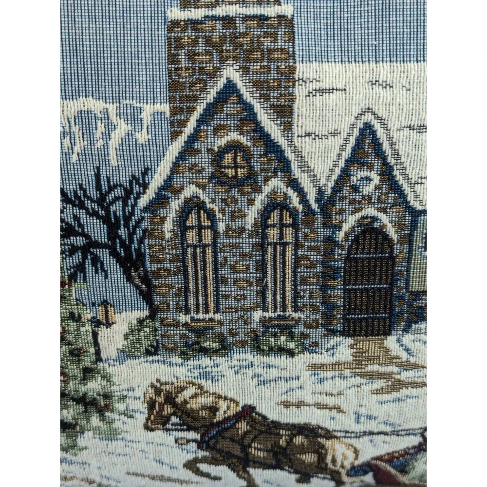 Christmas Snow Scene Tapestry Pillow Set Carolers Church Decor Blue 11x11